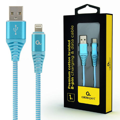 Product Καλώδιo USB Cablexpert PREMIUM COTTON BRAIDED Lightning 1M TURQUOISE/WHITE base image