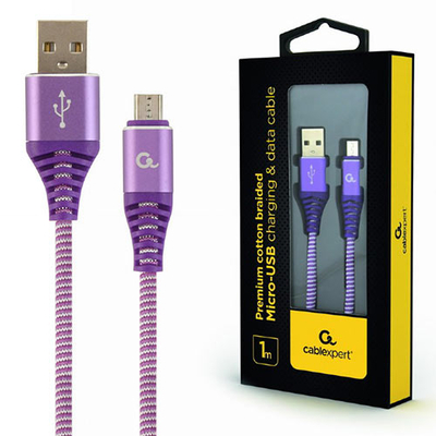 Product Καλώδιo USB Cablexpert PREMIUM COTTON BRAIDED Micro 1M PURPLE/WHITE base image