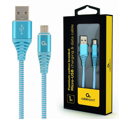 Product Καλώδιο USB Cablexpert PREMIUM COTTON BRAIDED MICRO-USB 1M TURQOUISE/White base image