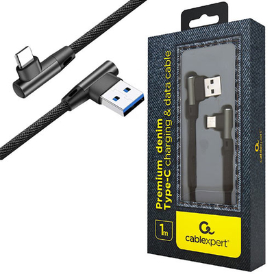 Product Καλώδιo USB Cablexpert PREMIUM JEANS Type-C With METAL Connectors 1M Black ANGLED base image