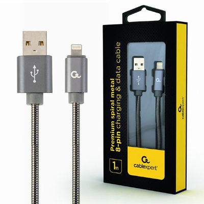 Product Καλώδιo USB Cablexpert PREMIUM SPIRAL METAL 8-PIN 1M METALLIC GREY base image