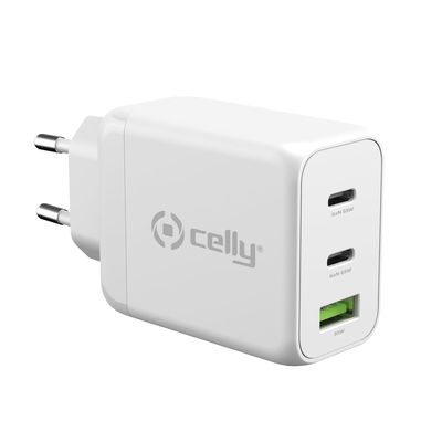 Product Φορτιστής Πρίζας Celly GaN 2 x Type-C 65W και USB-A 30W Λευκός TC3GAN65WWH base image