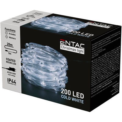 Product Χριστουγεννιάτικα Λαμπάκια Entac IP44 200 Επικαλυμμένες PVC Ψείρες LED Ψυχρό 20m base image
