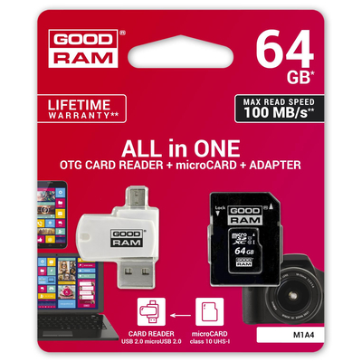 Product Κάρτα Μνήμης Goodram All in one M1A4-0640R12 memory card 64 GB MicroSDXC Class 10 UHS-I + The card reader base image