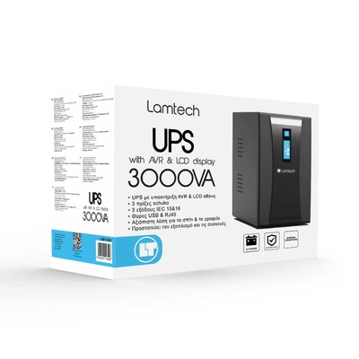 Product UPS Lamtech with AVR AND LCD DISPLAY 3000VA, 4x12V/9AH, 3xSCHUKO, 3xIEC, USB & RJ45 PORT base image