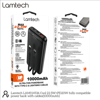 Product Φορτητή Μπαταρία Lamtech Ultra-Thin With Type-C & Lightning Cables 10000mah 22.5w Black base image