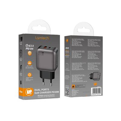 Product Φορτιστής Πρίζας Lamtech Dual Port Gan Pd30W Grey base image
