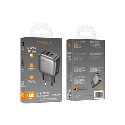 Product Φορτιστής Πρίζας Lamtech Dual Port Qc3.0 Pd20W Grey base image