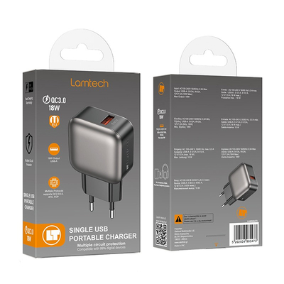 Product Φορτιστής Πρίζας Lamtech Single USB Qc3.0 18W Grey base image