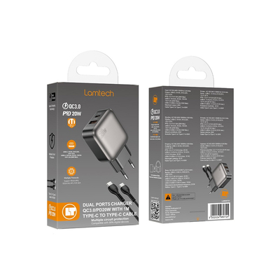 Product Φορτιστής Πρίζας Lamtech Dual Port Qc3.0 Set Pd20W With Type-C To Type-C 60W 1M Grey base image