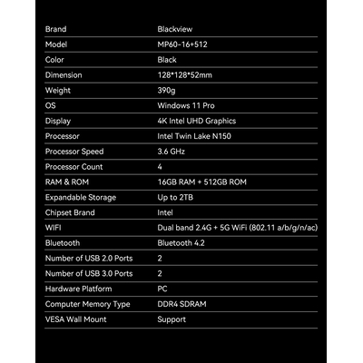Product Mini PC Blackview Mini Pc Intel N150 (16Gb+512Gb) 4K Dual Band Win11 Pro Black base image