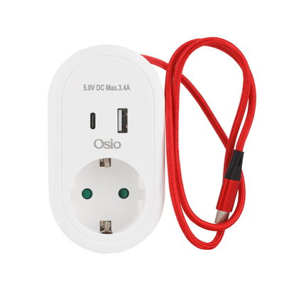 Product Μονόπριζο Osio OPS-3001 με ενσωματ. καλώδιο φόρτισης και 2USB Type-Α, Type-C, 380J, 3680W Λευκό base image