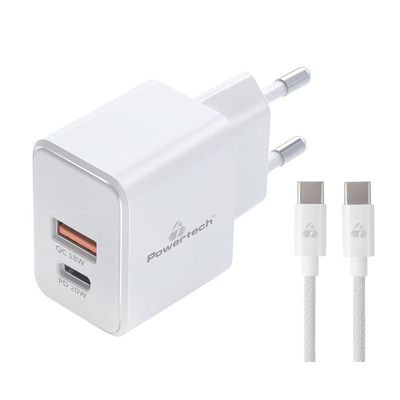 Product Φορτιστής Τοίχου Powertech PT-1248, Καλώδιο, Usb/USB-C, 20W, Gan, Λευκός base image