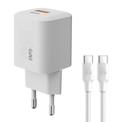 Product Φορτιστής Πρίζας Powertech PT-1351 με Καλώδιο, USB/USB-C, 36W, GaN, λευκός base image