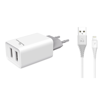 Product Φορτιστής Πρίζας Powertech & καλώδιο Lightning PT-777, 2x USB, 2.1A base image