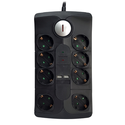 Product Πολύπριζο Ασφαλείας Powertech PT-995, 8x schuko & 2x USB, 16A, 2m, μαύρο base image