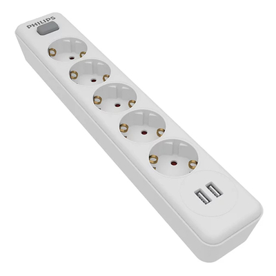 Product Πολύπριζο με USB Philips SPN3052WA, 5x schuko 16A, 2x USB 2.4A, 2m, λευκό base image