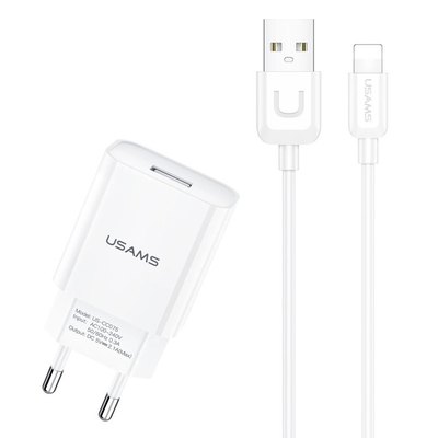 Product Φορτιστής Πρίζας Usams T21OCLN01 με Καλώδιo Lightning, USB 2.1A, λευκός base image