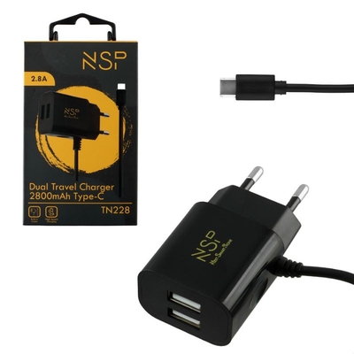 Product Φορτιστής Πρίζας Nsp Tn228 Μαύρος Φορτιστής Ταξιδιού Dual Usb-A Με Ενσωματωμένο Καλώδιο Type-C 2800mah base image