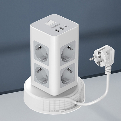 Product Πολύπριζο Tessan 11 In 1 Tower Surge Protector 8Xschuko, 2XUSB, 1Xtype-C, 2M Retractable Cable base image