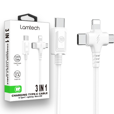 Product Καλώδιο USB Lamtech 3 IN 1 Charging Type-C TO Type-C/LIGHTNING/MICRO USB 1M White base image