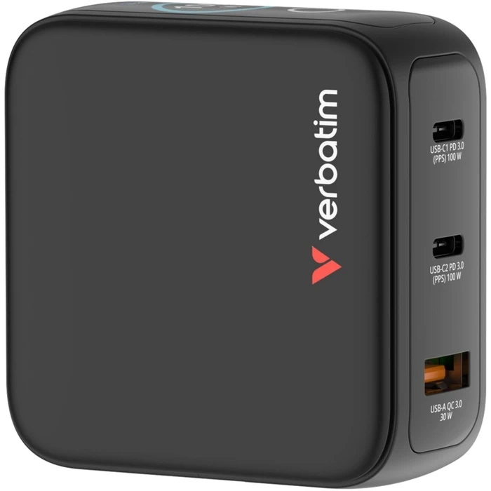 Καθολικός φορτιστής μπαταριών Verbatim Mini GaN Charger 100W με οθόνη, 2x USB-C και 1x USB-A, μαύρο