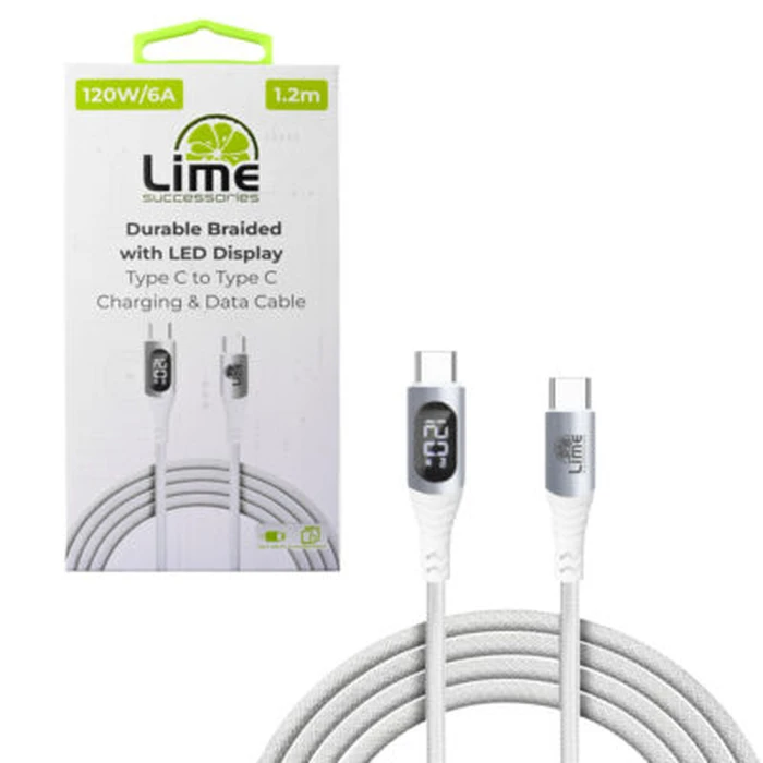 Lime LBLCC01 Ανθεκτικό Πλεκτό Καλώδιο USB-C σε USB-C με Οθόνη LED 120W, 1,2m Λευκό