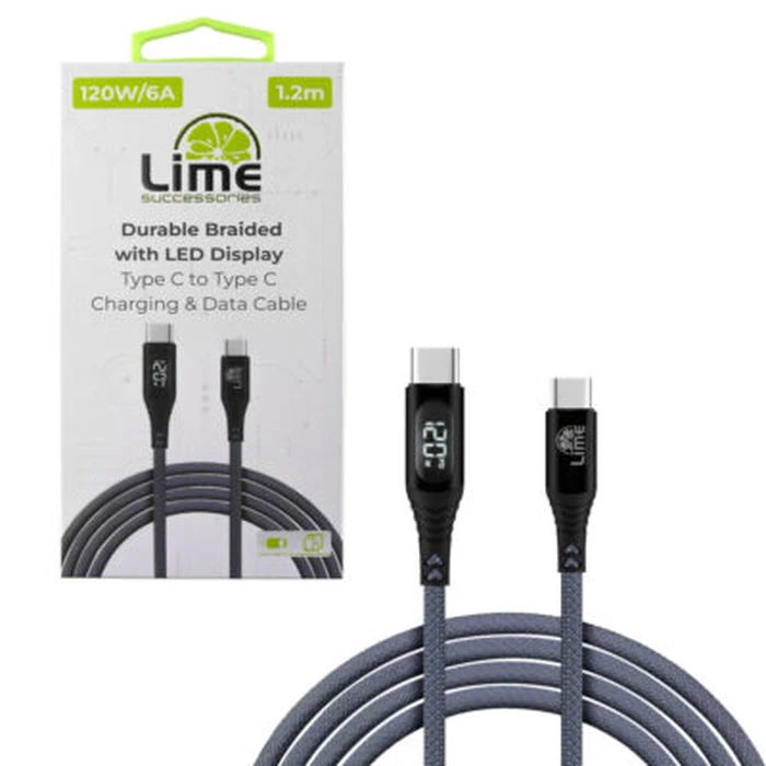 Lime LBLCC02 Ανθεκτικό Πλεκτό Καλώδιο USB-C σε USB-C με Οθόνη LED 120W, 1,2m Γκρι