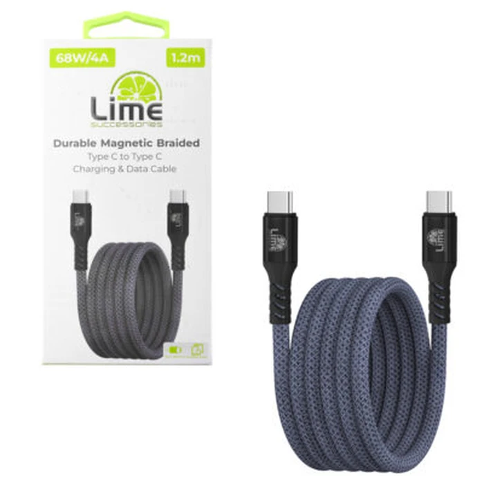 Lime LBMCC02 Ανθεκτικό Μαγνητικό Πλεκτό Καλώδιο USB-C σε USB-C 68W 1,2m Γκρι