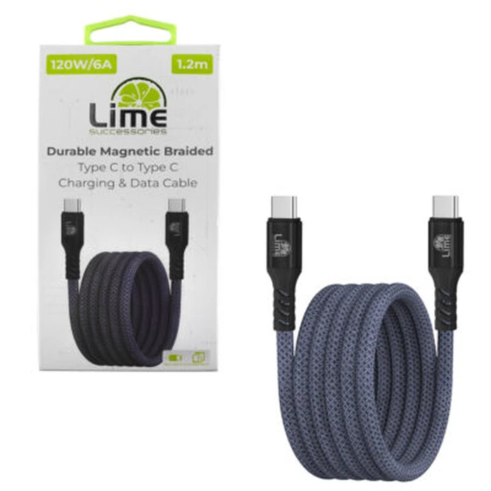Lime LBMCC04 Ανθεκτικό Μαγνητικό Πλεκτό Καλώδιο USB-C σε USB-C 120W 1,2m Γκρι