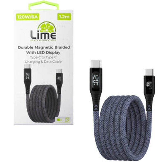 Lime Magnetic Braided LED USB-C to USB-C Cable 120W 1.2m Grey (LBMLCC01)