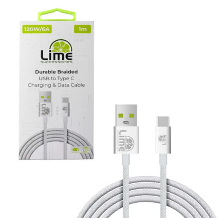 Lime LBUC01 Ανθεκτικό Πλεκτό Καλώδιο USB-C σε USB-A 120W 1m Λευκό