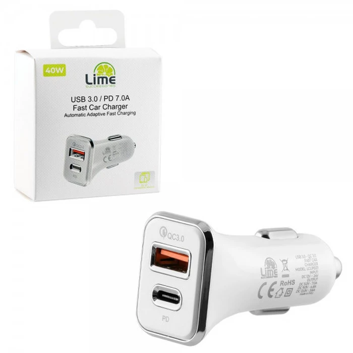 Lime LCUPD21 Διπλός Φορτιστής Αυτοκινήτου USB & USB-C PD/QC 3.0 40W, Λευκό