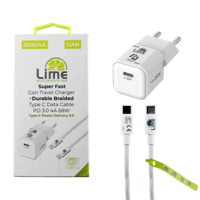 Lime Φορτιστής Ταξιδιού GaN 25W USB-C με Πλεκτό Καλώδιο USB-C σε USB-C (LBCC01)