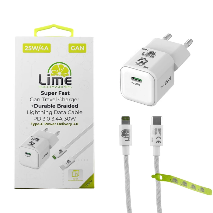 Lime Φορτιστής Ταξιδιού GaN 25W + Πλεκτό Καλώδιο USB-C σε Lightning LBCL01