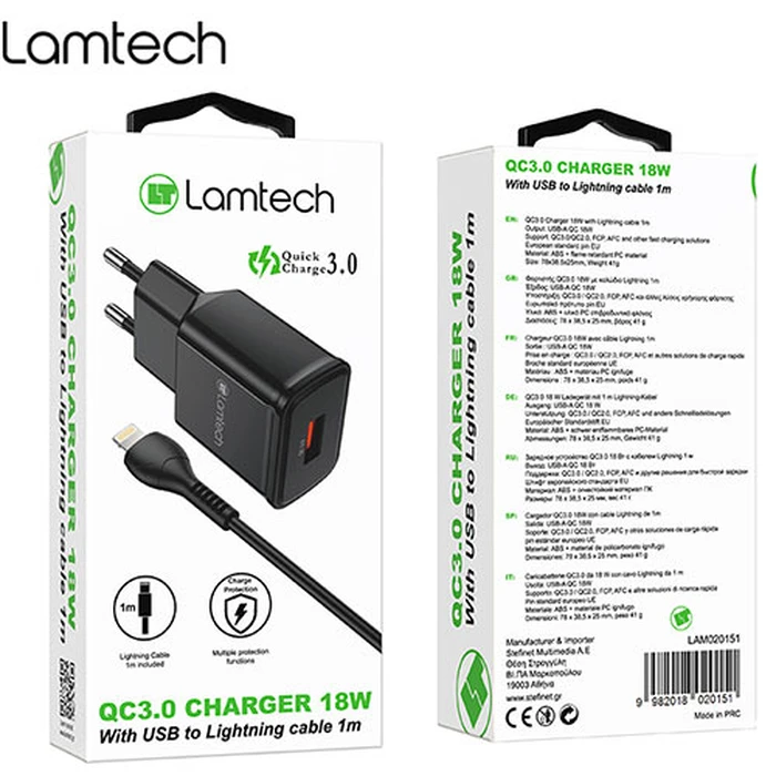 Φορτιστής Πρίζας Lamtech Charger QC3.0 18W With Lightning Cable 1M Black