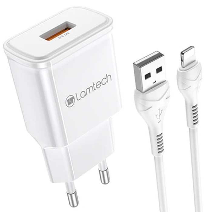Φορτιστής Πρίζας Lamtech Charger QC3.0 18W With Lightning Cable 1M WHITE