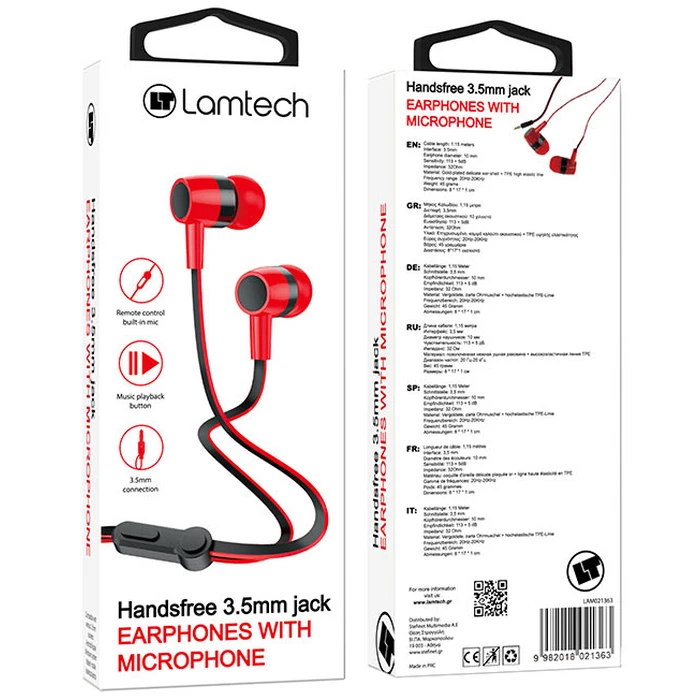 Handsfree Ακουστικά Lamtech With MIC 3,5mm JACK RED
