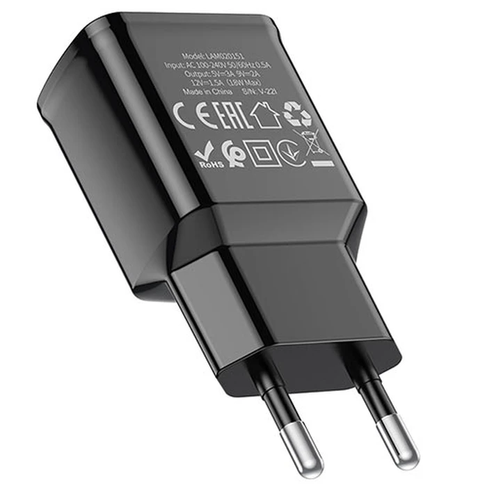 Φορτιστής Πρίζας Lamtech Quick Charger USB3.0 18W With Type-C 1M Black