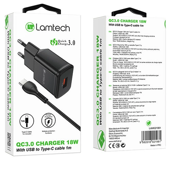 Φορτιστής Πρίζας Lamtech Quick Charger USB3.0 18W With Type-C 1M Black