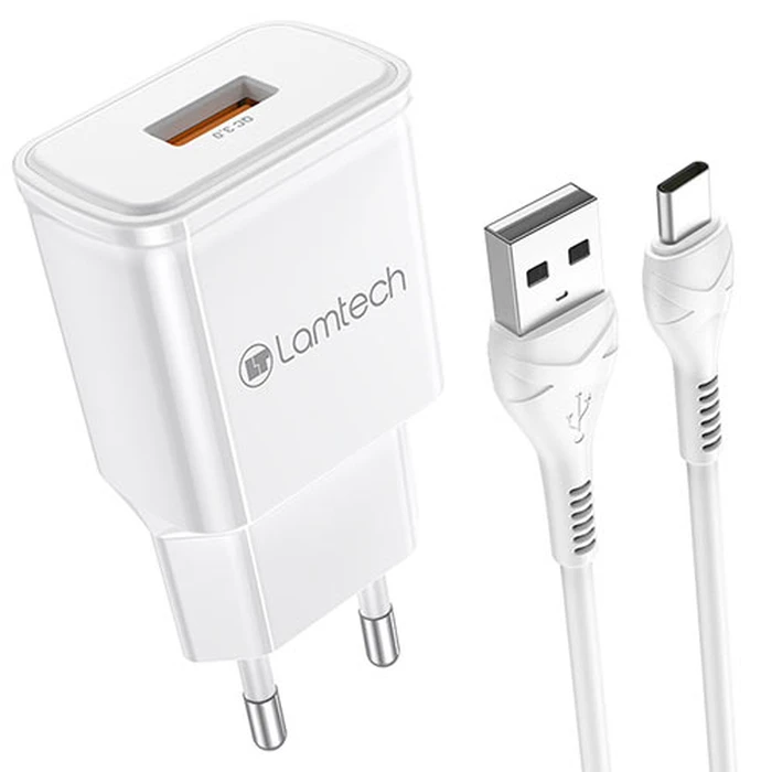 Φορτιστής Πρίζας Lamtech Quick Charger USB3.0 18W With Type-C 1M WHITE