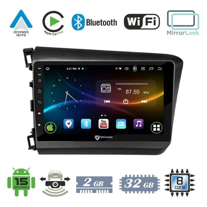 VenCore 3236-10007-0149B - Multimedia Android Head Unit 9" Android 15 9109A MTK6762 Octa-Core 2GB/32GB IPS with Bezel, CarPlay, Android Auto and AHD Rear Camera Support for Honda Civic 2012-2015 - Black