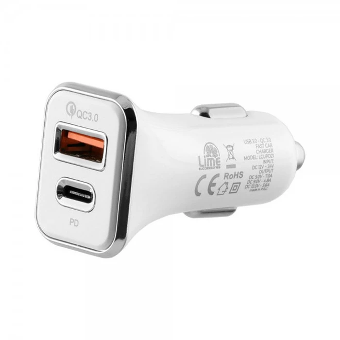 Lime LCUPD21 Διπλός Φορτιστής Αυτοκινήτου USB & USB-C PD/QC 3.0 40W, Λευκό