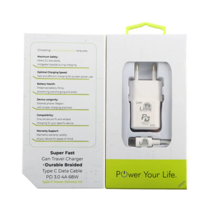 Lime Φορτιστής Ταξιδιού GaN 25W USB-C με Πλεκτό Καλώδιο USB-C σε USB-C (LBCC01)