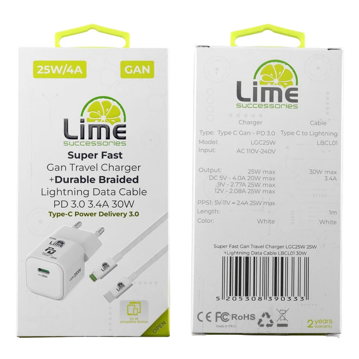Lime Φορτιστής Ταξιδιού GaN 25W + Πλεκτό Καλώδιο USB-C σε Lightning LBCL01