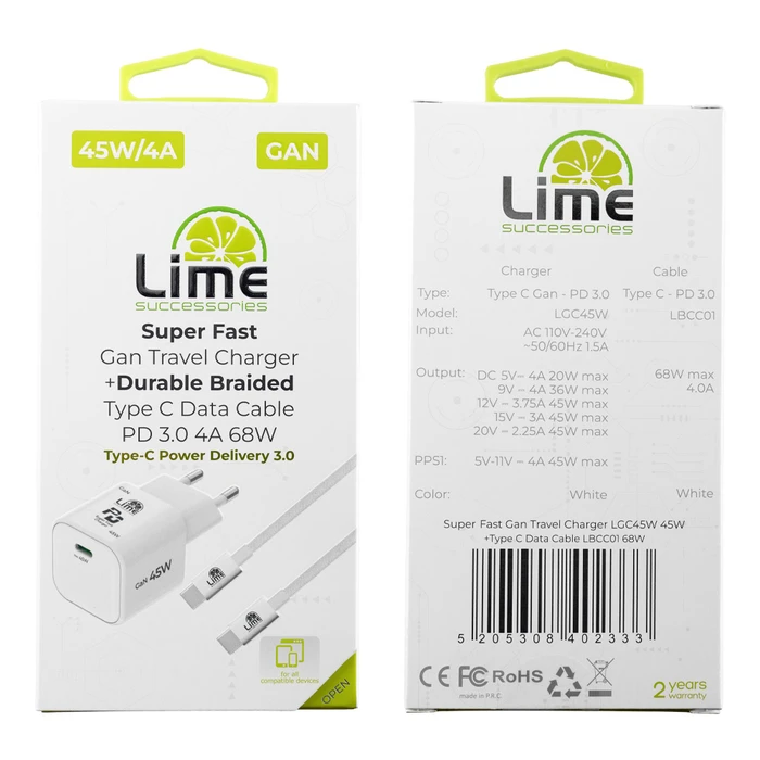 Lime Φορτιστής Ταξιδιού GaN 45W με Πλεκτό Καλώδιο USB-C σε USB-C 1m (LBCC01)
