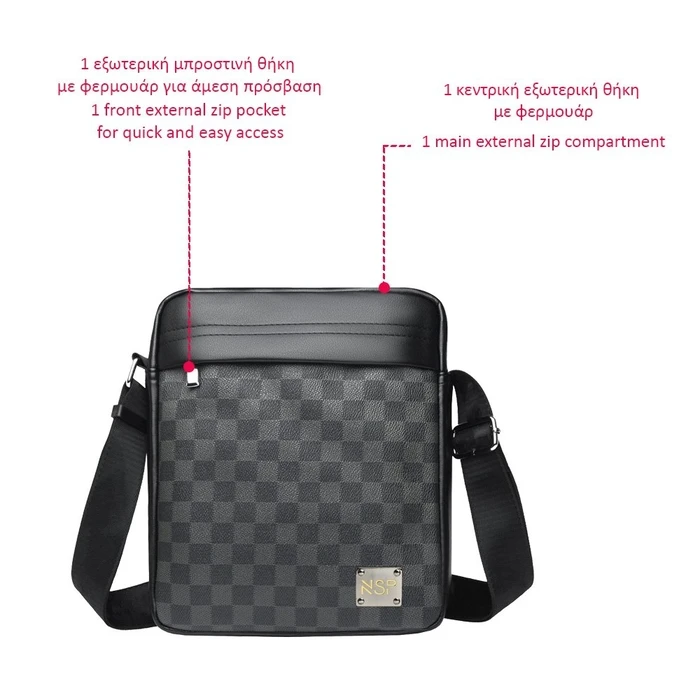 NSP N113 PU Leather Shoulder/Crossbody Bag 4.5L (Black, Checkered)