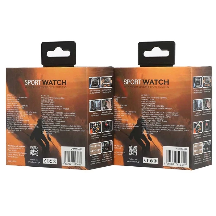 Smartwatch Lamtech BT5.1 with health sensor & sport tracking SQUARE TFT 2.02' DISPLAY B.Orange