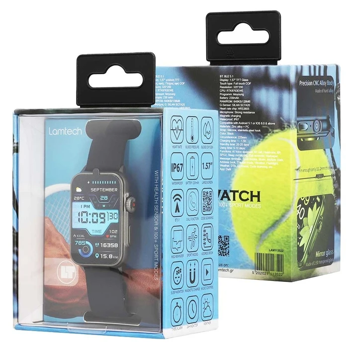 Smartwatch Lamtech BT5.1 with sport tracking & health sensor Black