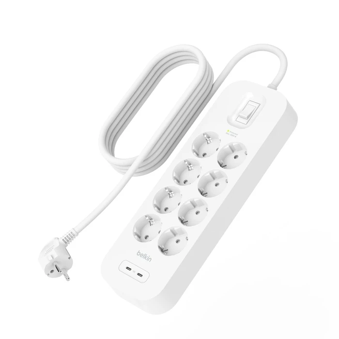 Belkin Πολύπριζο Surge Socket 8 θέσεων με 2x USB-C, 900J, 30W, 2m SRB004VF2M-V2